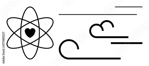 Atomic structure with central heart symbol paired with flowing wind lines. Ideal for science, energy, love, balance, nature, health, technology. Simple flat metaphor