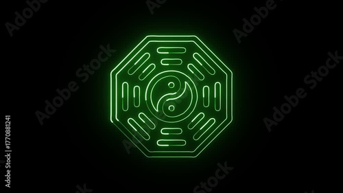Glowing neon line Yin Yang symbol with smooth rotation. Balance philosophy animation HD video isolated on black background.