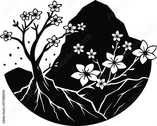 Blossoms Over Mountain Cliff Silhouette | Mountain Edge with Blooming Flowers