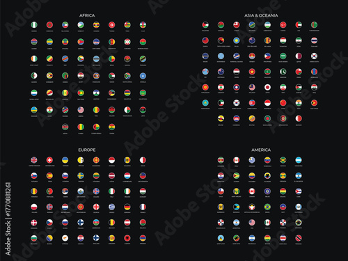 World Flags Collection by Continent, Set of All Country Flags of Europe, Asia, Africa, America, and Oceania