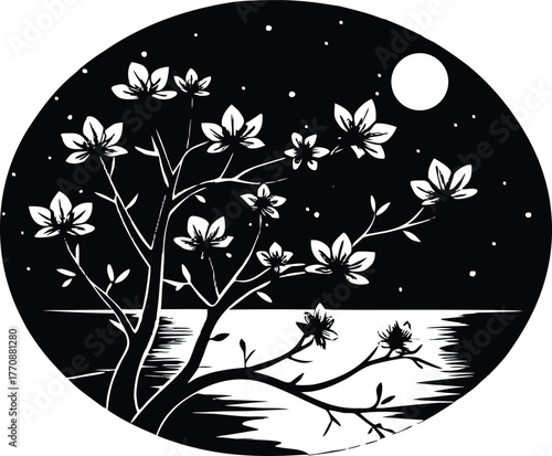 Blossoms Under Twilight Reflection Silhouette | Romantic Dusk Bloom Landscape