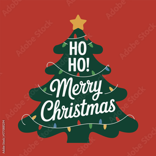 Merry Christmas typography design inside Christmas tree shape with string lights and star, festive greeting card vector on red background