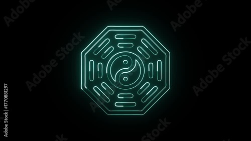 Glowing neon line Yin Yang symbol with smooth rotation. Balance philosophy animation HD video isolated on black background.