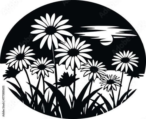 Daisies Under Pink Sunrise Silhouette | Gentle Floral Morning Landscape