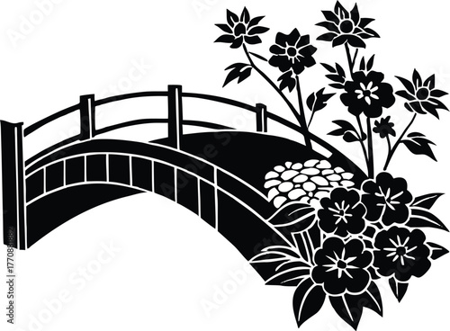 Floral Bridge Over Narrow Stream Silhouette | Garden Bridge in Bloom Scene