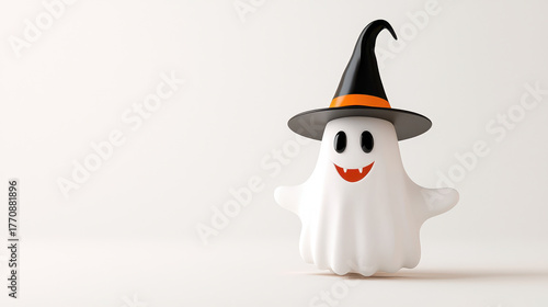 Cute ghost character wearing witch hat with orange band, smiling cheerfully. Perfect for Halloween themed designs and decorations