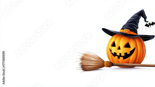 Whimsical Halloween pumpkin with witch hat and broom, evoking playful spirit of holiday