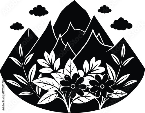 Floral Mountainscape Under Soft Clouds Silhouette | Serene Mountain Flower Scene