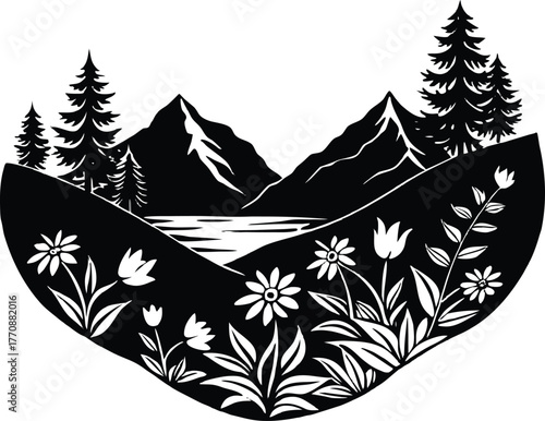 Floral Ridge and Serene Valley Silhouette | Blooming Valley Horizon Scene