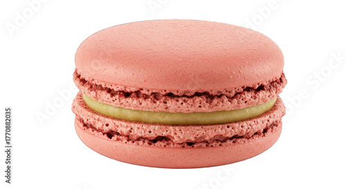 Single Pink Macaron with Creamy Yellow Filling Isolated on Transparent Background