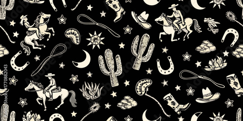 Whimsical western pattern featuring cowboys on horses cacti and stars on black background