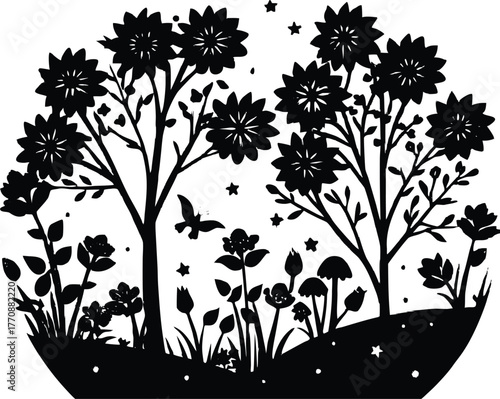 Flowers and Tree Silhouettes at Dusk | Calm Evening Floral Landscape