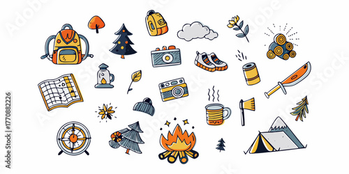 Collection of hand drawn camping and outdoor adventure icons and illustrations on white background