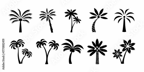 Collection of black silhouette palm trees with different shapes and sizes on white background