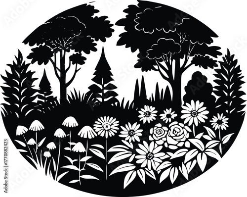 Garden Bloom with Forest Backdrop Silhouette | Colorful Garden Scene in Nature