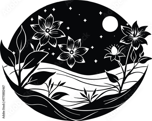 Garden Blossoms and Gentle Waves Silhouette | Seaside Floral Garden Scene