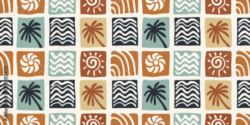 Retro tropical pattern with palm trees sun waves and abstract shapes in earth tones