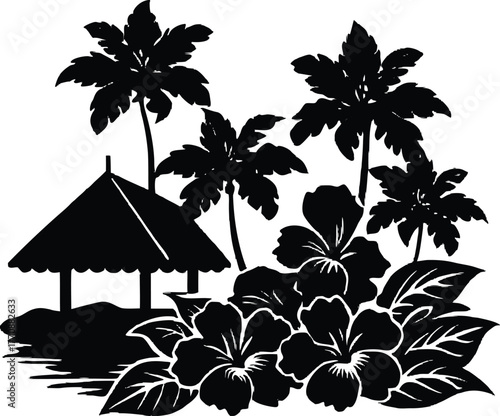 Hibiscus Bushes Near Beach Hut Silhouette | Tropical Beach Garden Scene