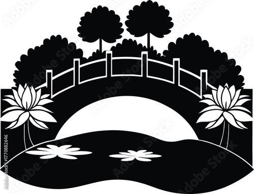 Lily Pond Under Arched Bridge Silhouette | Peaceful Garden Water Scene