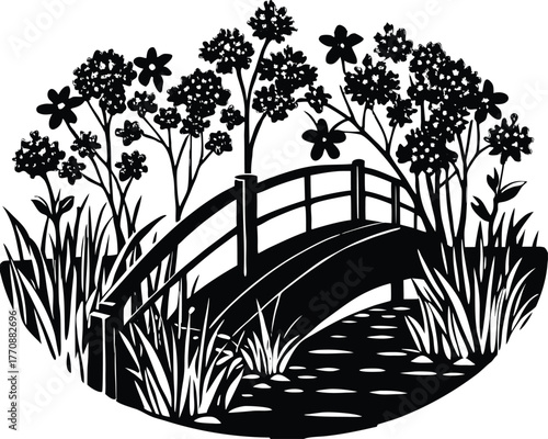 Meadow Blossoms Near Wooden Bridge Silhouette | Tranquil Garden Bridge Scene