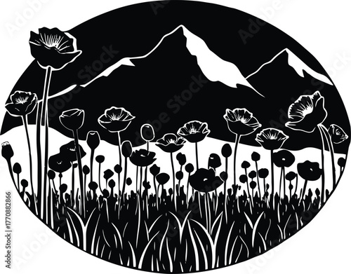 Poppy Field and Mountain Horizon Silhouette | Peaceful Rural Flower Scene
