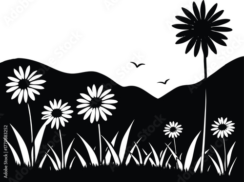 White Daisy Meadow Near Blue Hills Silhouette | Peaceful Morning Flower Scene