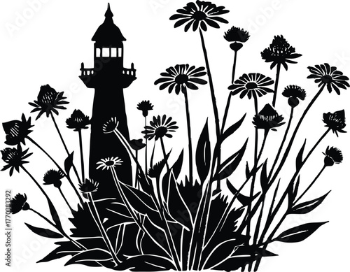 Wildflowers with Lighthouse Silhouette | Coastal Bloom Landscape Scene
