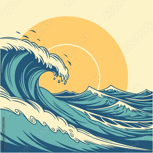 Majestic Ocean Wave and Sun Illustration water surf