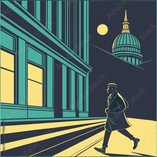 Man walking at night in city with moon and illuminated building