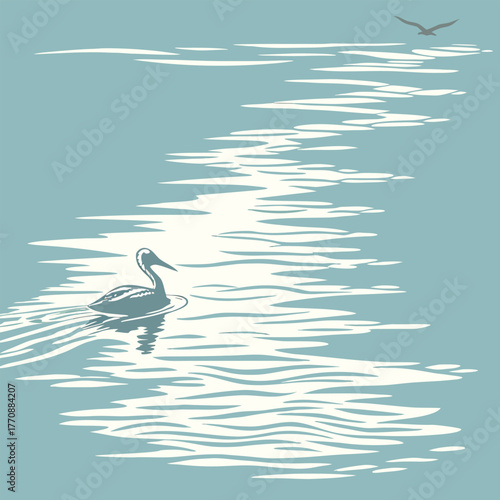 Pelican Swimming In Rippling Water With Bird Flying