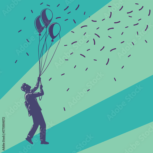 Silhouette Man Holding Balloons Releasing Confetti