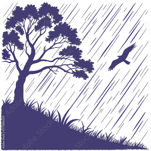 Silhouette of Tree and Bird in Heavy Rain eagle hawk