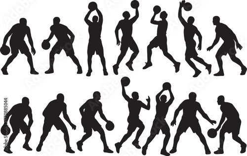 Dynamic basketball player silhouettes in action showcasing dribbling shooting and dunking poses for sports graphics