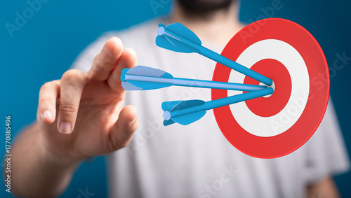 Image of three arrows precisely hitting the center of a target, representing success, achievement, and focused goals. Visual metaphor for precis