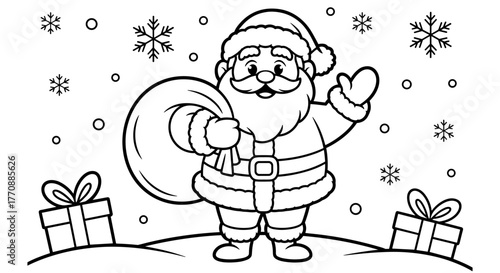 Christmas coloring page, Santa Claus carrying gifts with snowflakes, ideal for kids’ holiday activities and seasonal project