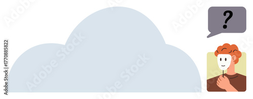 Person with orange hair holding a white mask, cloud shape in background, speech bubble with question mark. Ideal for identity, self-discovery, introspection, doubt, secrets, curiosity simple flat