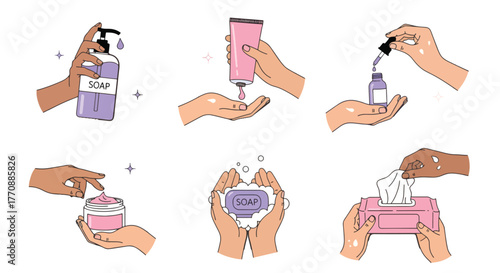 Hands using sanitizer, soap, cream, wipes, and oil