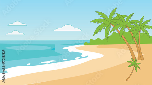 Tropical beach with palm trees and ocean waves water