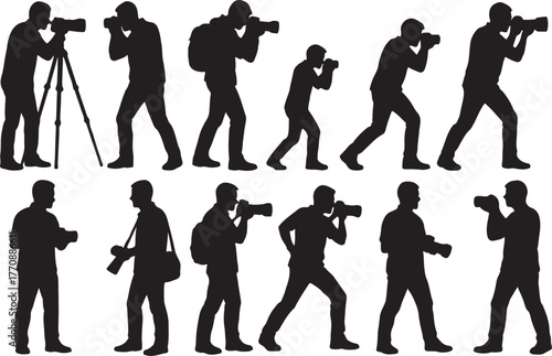 Diverse cameraman silhouettes capturing moments dynamic poses professional photography equipment in action collection