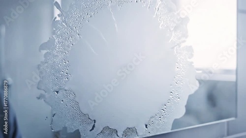 Person looking at a steamy, blurred mirror with water droplets, creating a soft, ethereal vibe