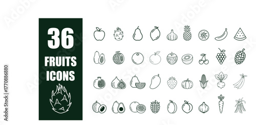 fruits 36 icons vector with arrows and leaves illustration design