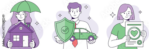 Insurance concept with people holding house, car, and health insurance policy