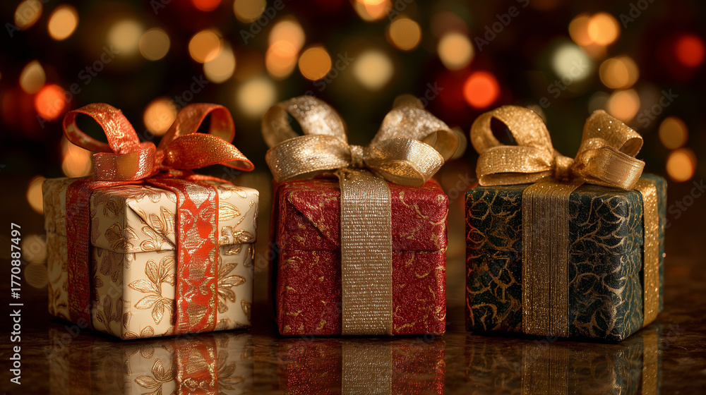 Três presentes de Natal em fundo festivo decorado, simbolizando celebração, troca de presentes e espírito natalino