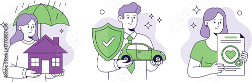 Insurance concept with house, car and health protection isolated on white