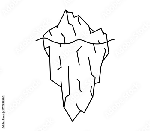 Hand drawn cute outline illustration of iceberg. Flat vector polar ice mountain with underwater part line art sticker doodle. Ice berg infographic or chart. Business analysis icon or print. Isolated.
