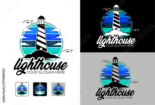Modern summer nautical lighthouse logo design template variation colors with sunset sky, star clouds & flying birds circular emblem sea ocean waves. Vector file, EPS 10.