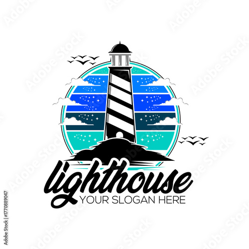 Modern summer nautical lighthouse logo design template variation colors with sunset sky, star clouds & flying birds circular emblem sea ocean waves. Vector file, EPS 10.