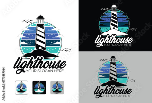 Modern summer nautical lighthouse logo design template variation colors with sunset sky, star clouds & flying birds circular emblem sea ocean waves. Vector file, EPS 10.