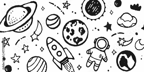Whimsical hand drawn doodle space scene with planets astronaut rocket and stars
