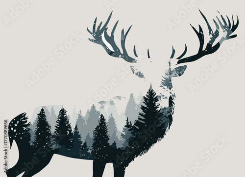 Silhouette of a deer with a forest inside its body on a light background